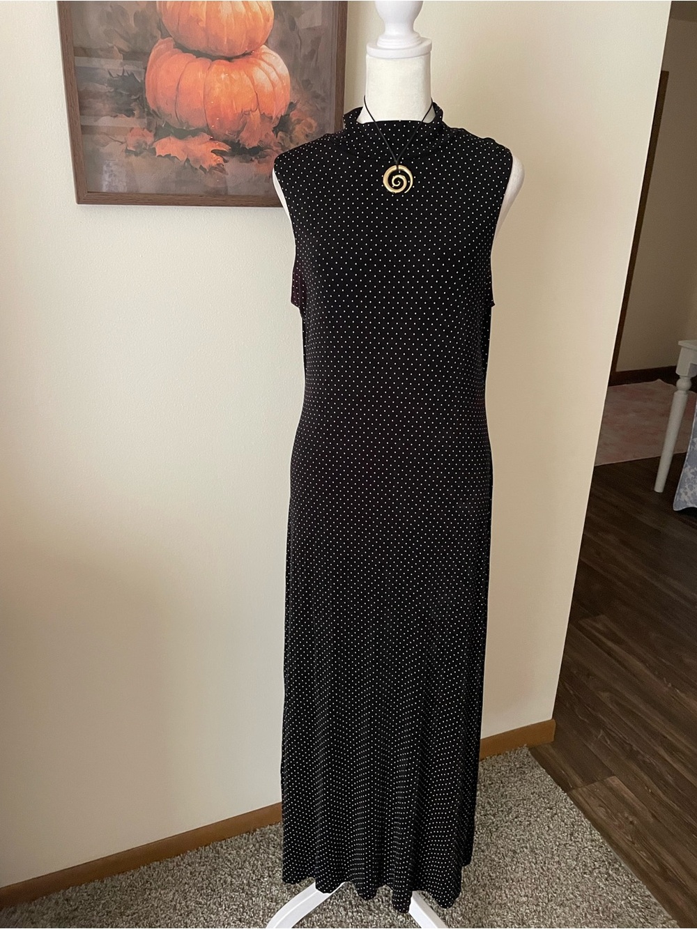 Ronni Nicole 90s Vintage Polka Dot Mock Neck Sleeveless Slinky Maxi Dress
